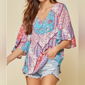 Andree by Unit Abstract Print V Neck Blouse w Batwing Sleeve Colorful Size Small